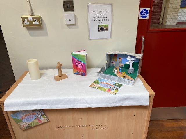 Each class takes a weekly turn at setting up our Collective Worship trolley.